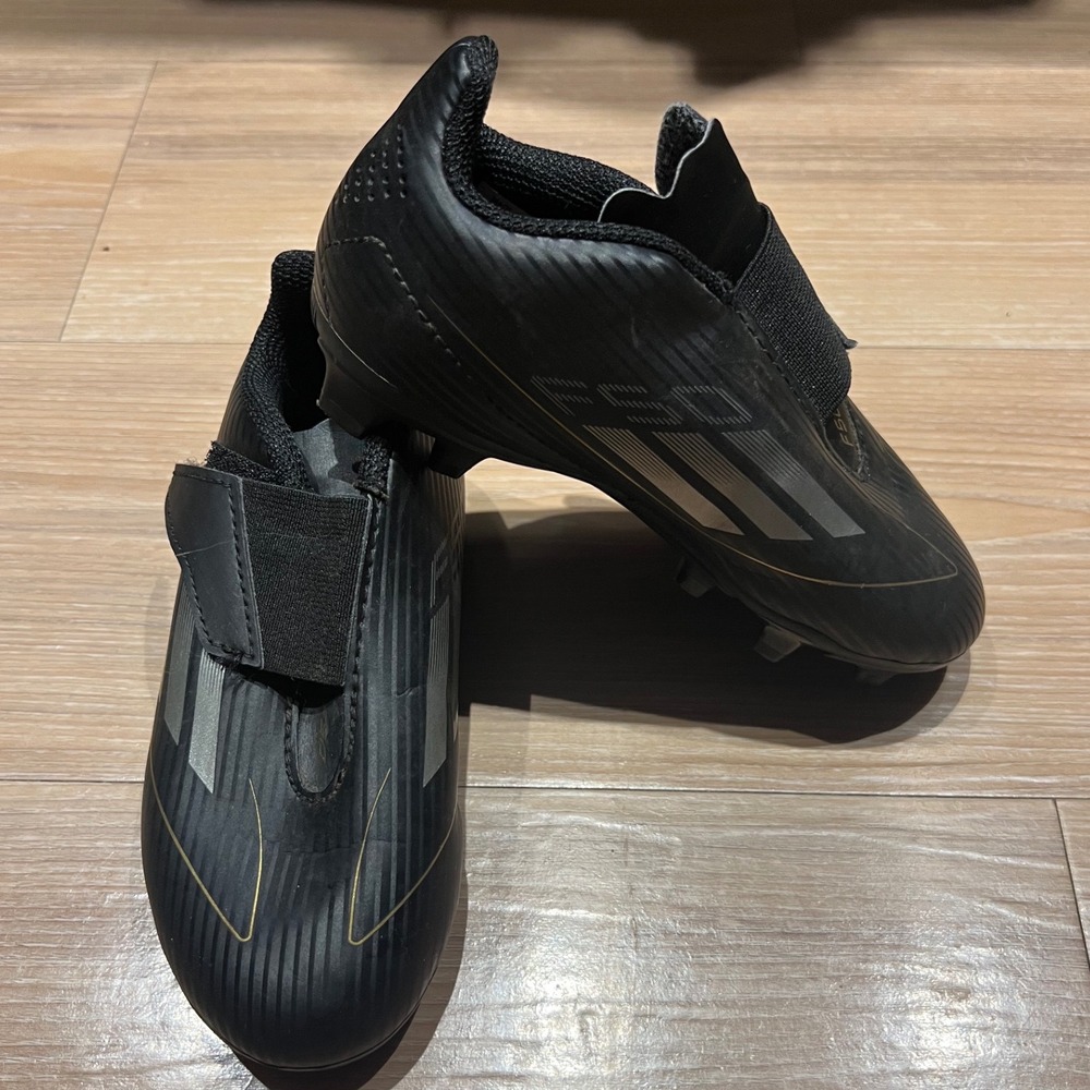 Adidas Kids Soccer Cleats F50 Hook and Loop Strap Black Gold 10K